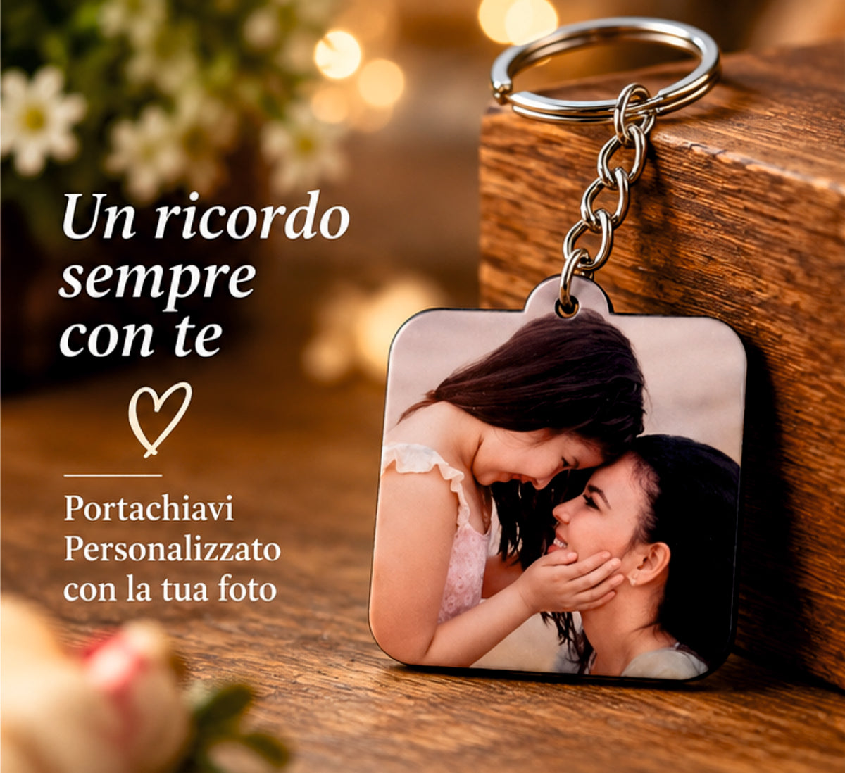 Portachiavi Personalizzato Quadrato in MDF con Foto, Immagine o Logo Aziendale – 4,5 x 4,5 cm
