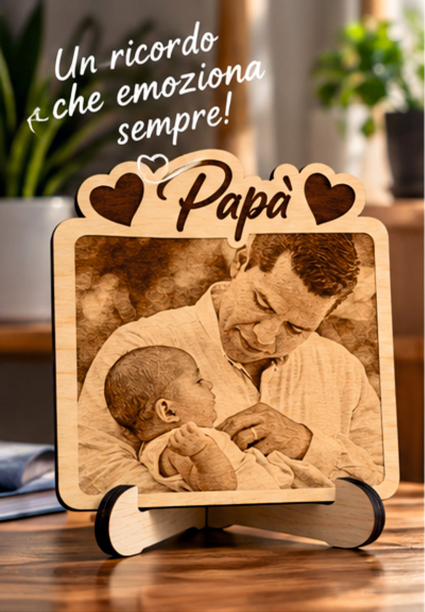 Foto Incisa su Legno Personalizzata – Quadretto con Incisione Laser e Scritta Papà, Regalo Romantico per Coppia