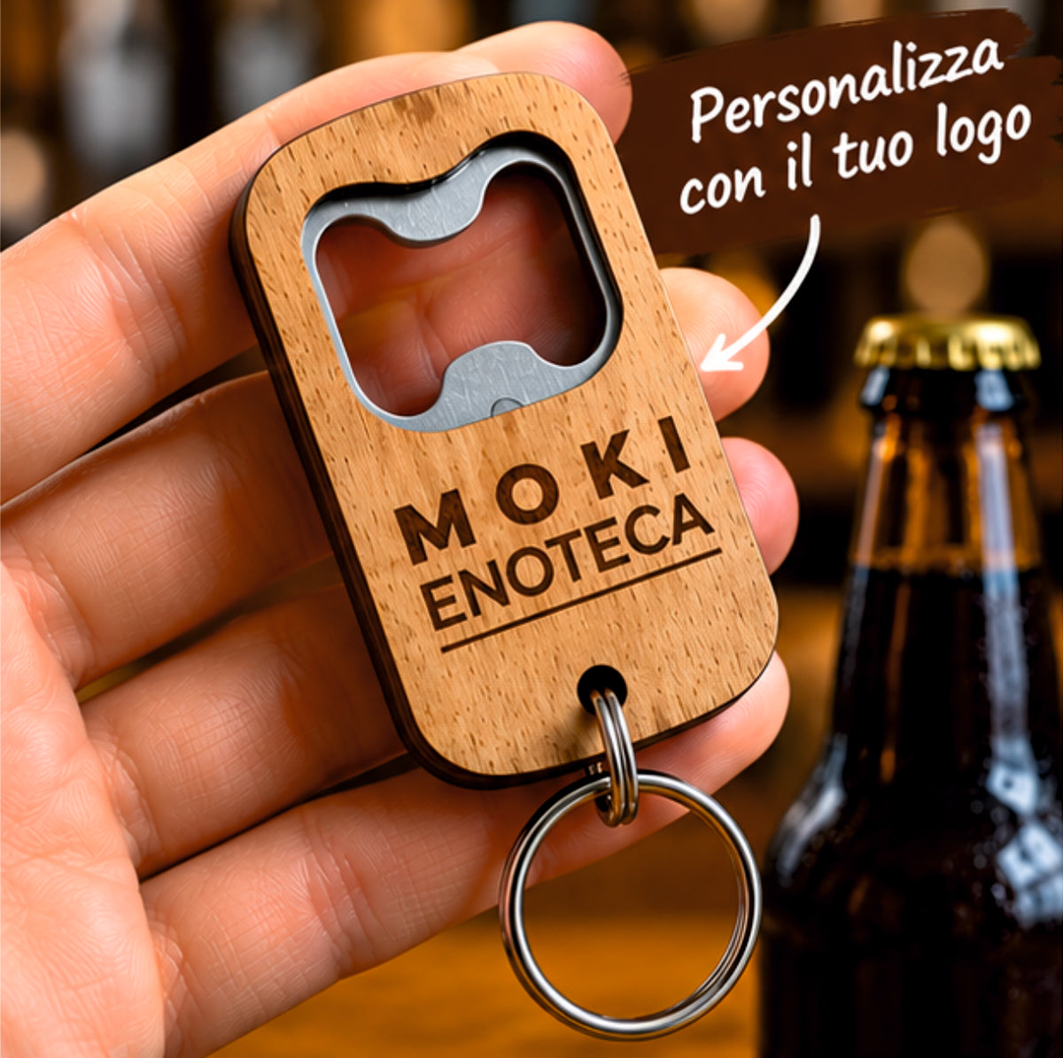 Portachiavi Apribottiglie in Legno Personalizzato con Logo – Incisione Laser