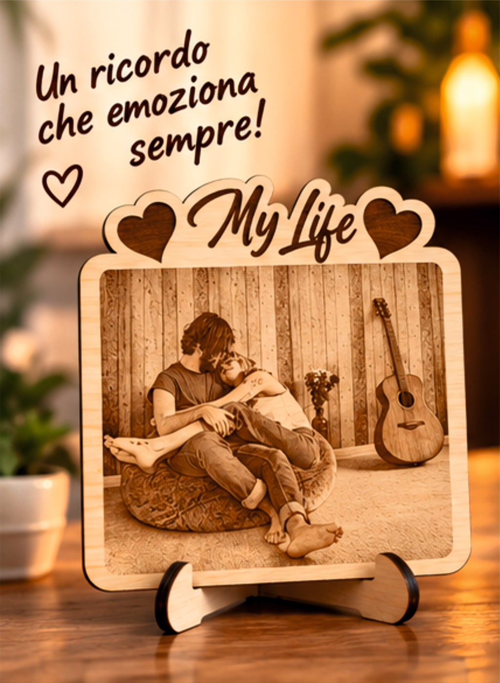 Foto Incisa su Legno Personalizzata – Quadretto con Incisione Laser e Scritta My Life, Regalo Romantico per Coppia