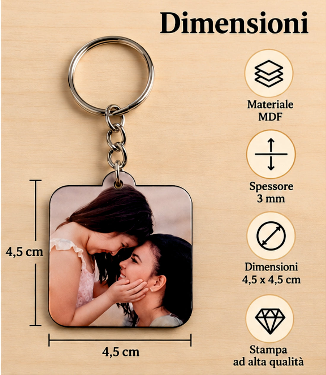 Portachiavi Personalizzato Quadrato in MDF con Foto, Immagine o Logo Aziendale – 4,5 x 4,5 cm