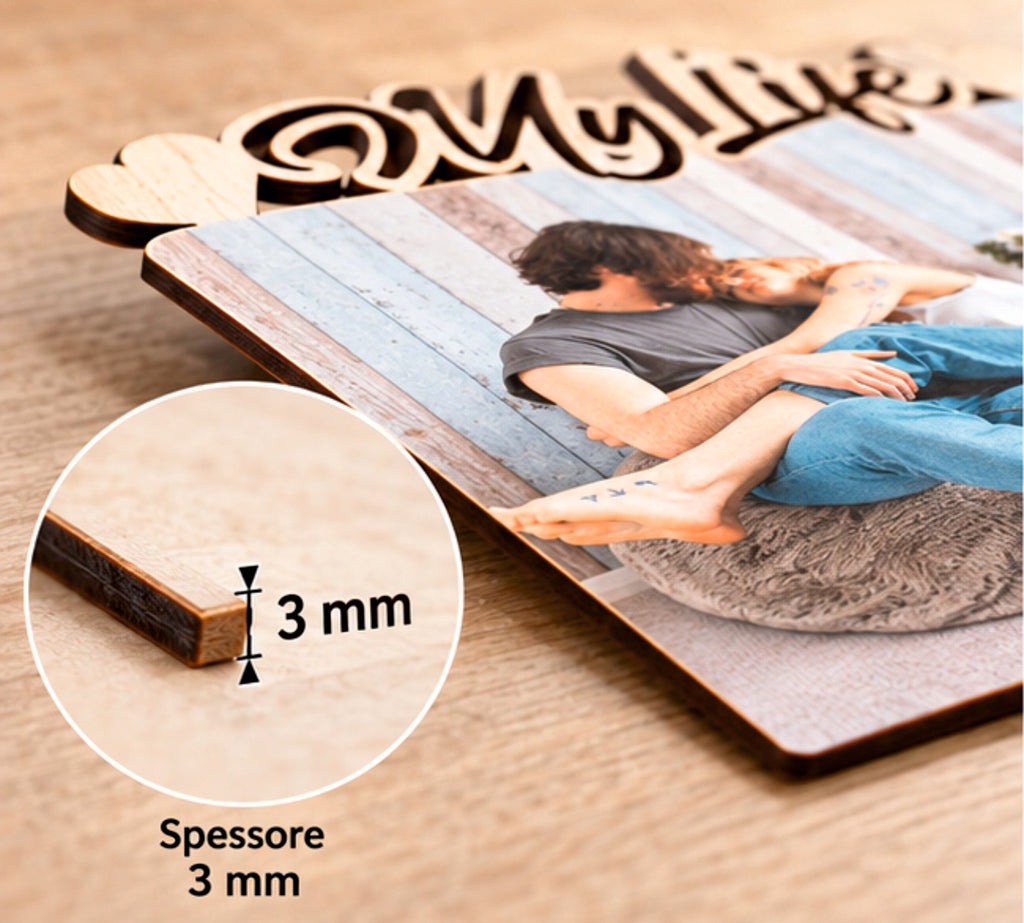 Foto su Legno Personalizzata con Scritta My life e Cuori – Stampa Fotografica a Colori su Legno, Regalo Famiglia