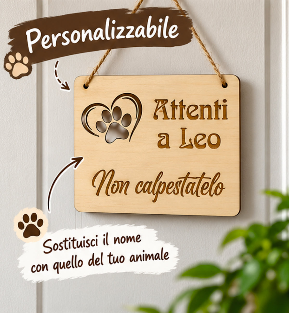 Cartello in Legno Personalizzato con Nome Animale – Incisione Laser 20×15 cm