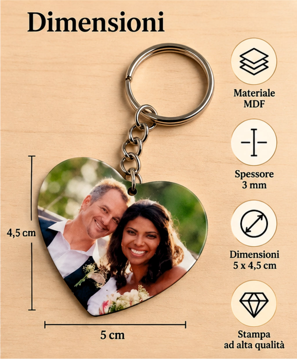 Portachiavi Personalizzato Cuore in MDF con Foto, Immagine o Logo Aziendale – 5 x 4,5 cm