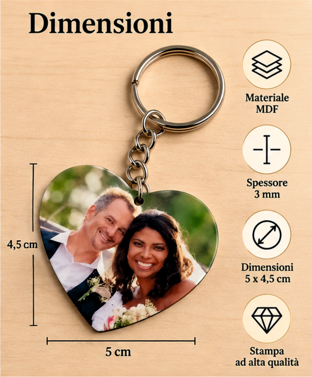 Portachiavi Personalizzato Cuore in MDF con Foto, Immagine o Logo Aziendale – 5 x 4,5 cm