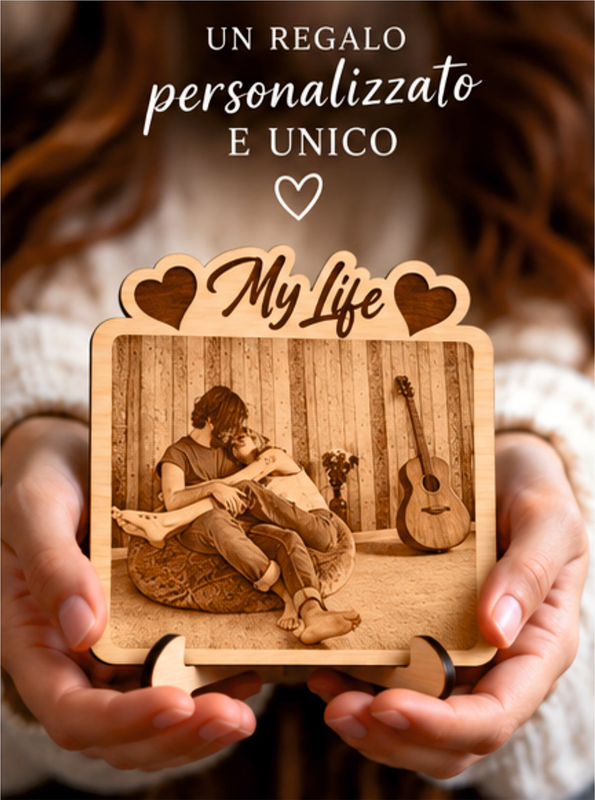 Foto Incisa su Legno Personalizzata – Quadretto con Incisione Laser e Scritta My Life, Regalo Romantico per Coppia
