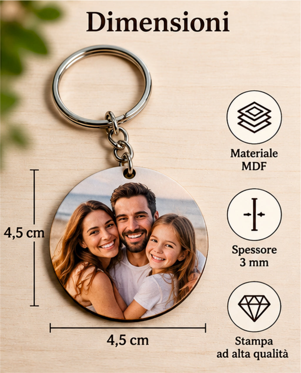 Portachiavi Personalizzato Rotondo in MDF con Foto, Immagine o Logo Aziendale – 4,5 cm