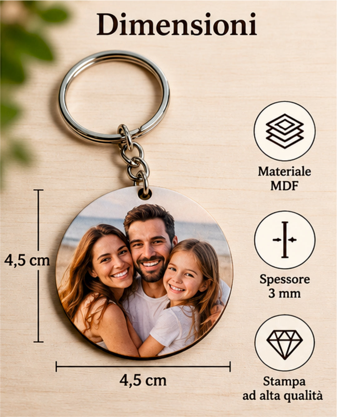 Portachiavi Personalizzato Rotondo in MDF con Foto, Immagine o Logo Aziendale – 4,5 cm