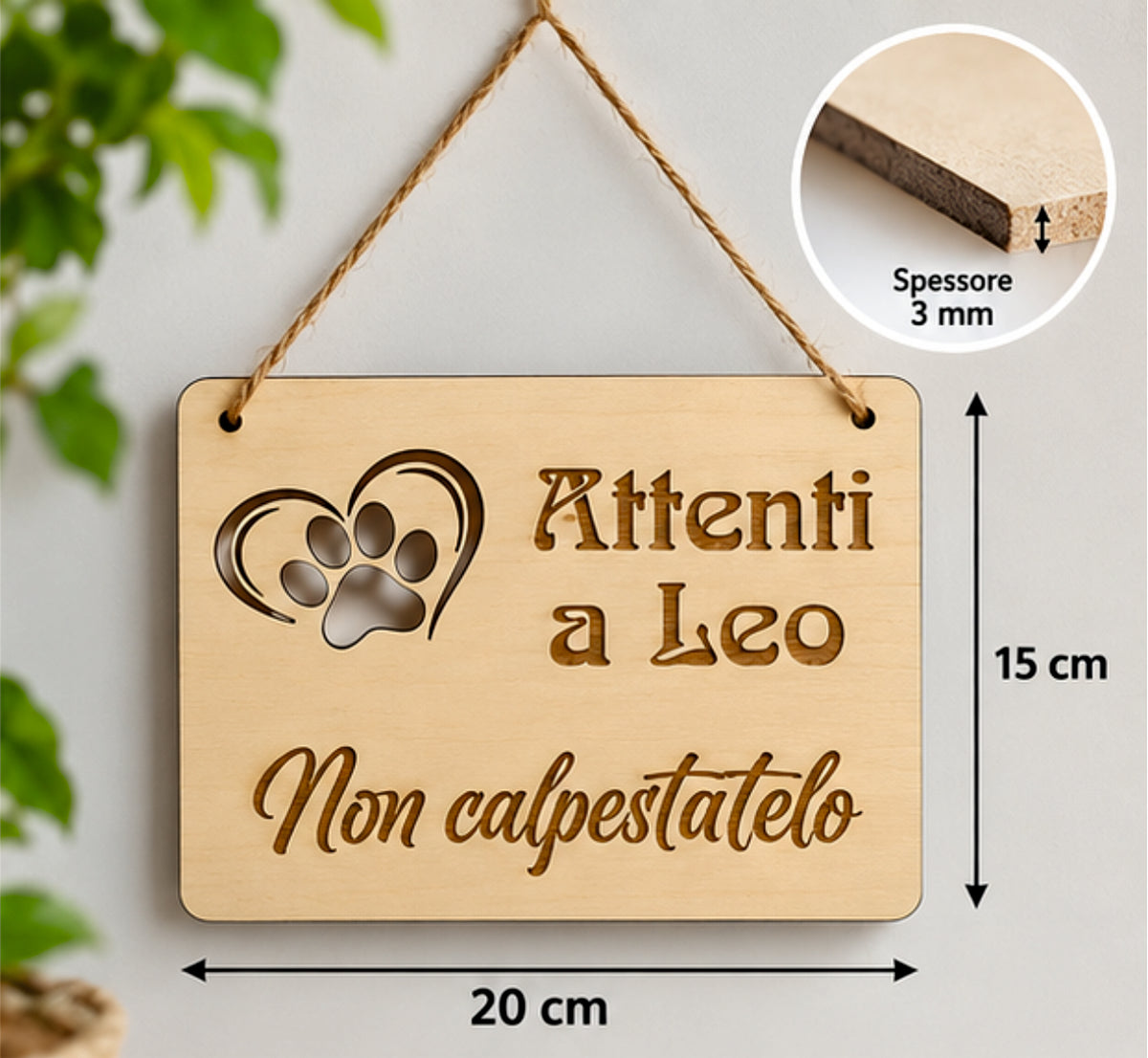 Cartello in Legno Personalizzato con Nome Animale – Incisione Laser 20×15 cm