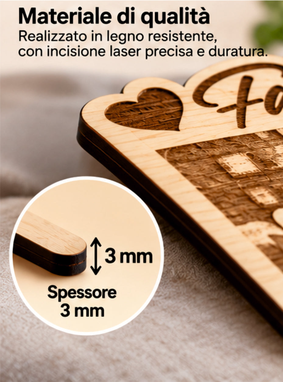 Foto Incisa su Legno Personalizzata – Quadretto con Incisione Laser e Scritta Family, Regalo Romantico per Coppia