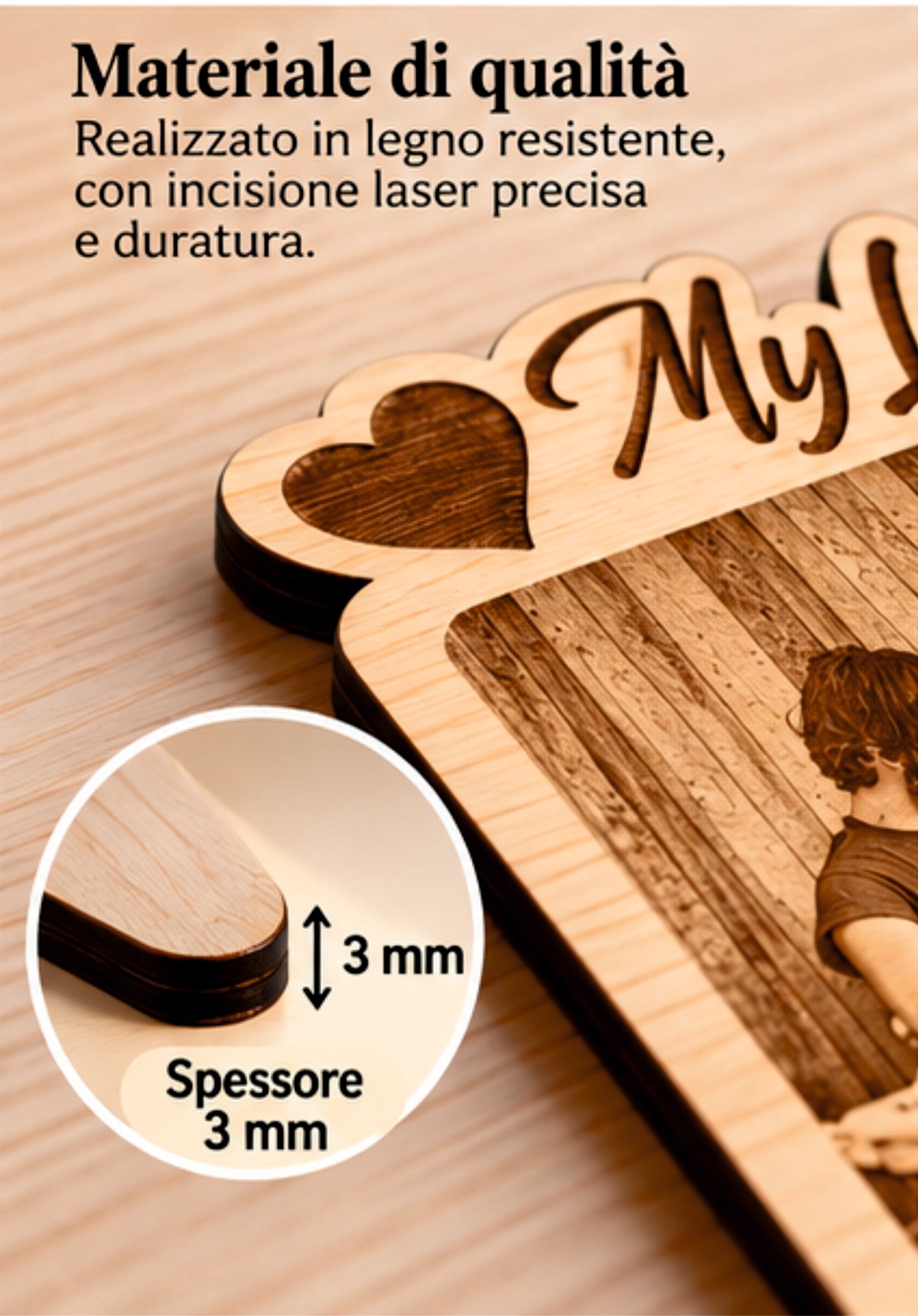 Foto Incisa su Legno Personalizzata – Quadretto con Incisione Laser e Scritta My Life, Regalo Romantico per Coppia