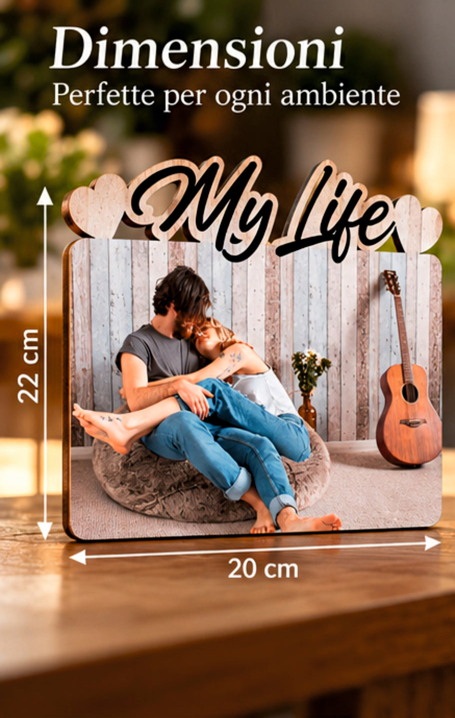 Foto su Legno Personalizzata con Scritta My life e Cuori – Stampa Fotografica a Colori su Legno, Regalo Famiglia