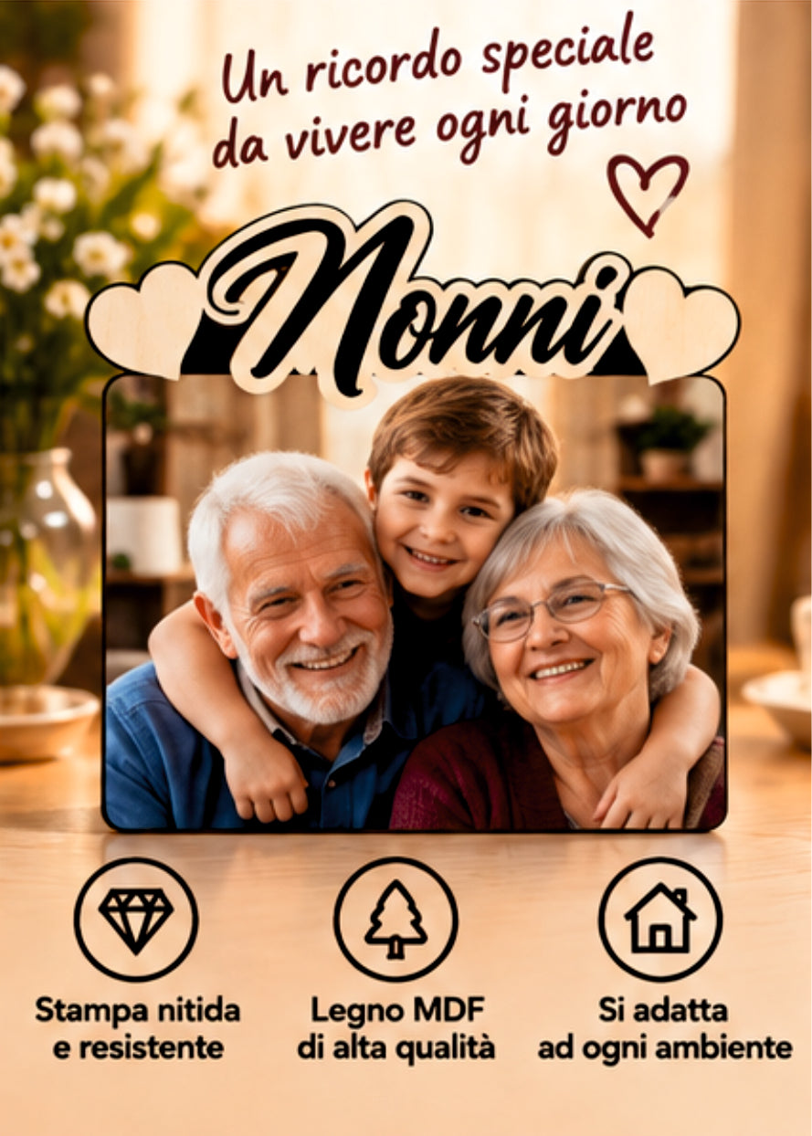 Foto su Legno Personalizzata con Scritta Nonni e Cuori – Stampa Fotografica a Colori su Legno, Regalo Famiglia