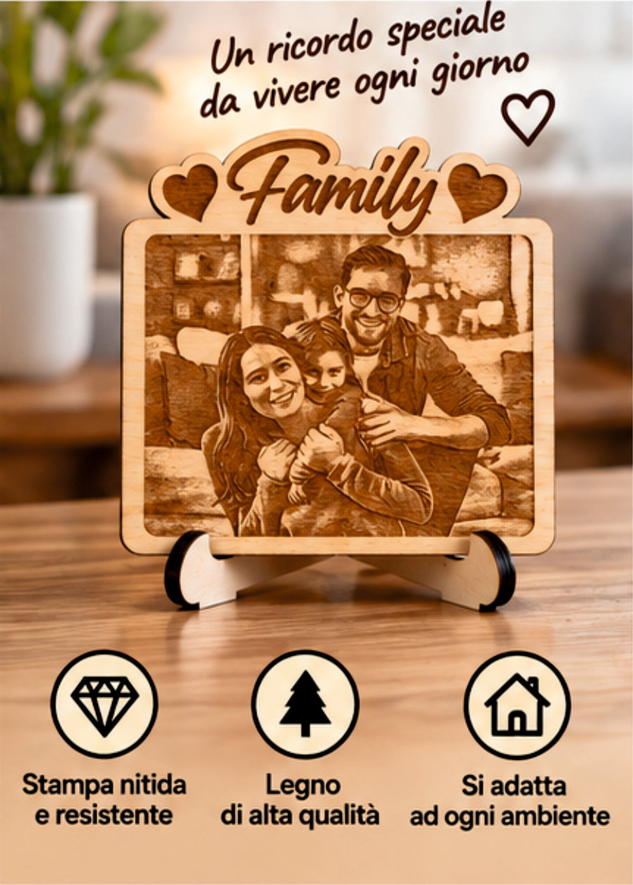 Foto Incisa su Legno Personalizzata – Quadretto con Incisione Laser e Scritta Family, Regalo Romantico per Coppia