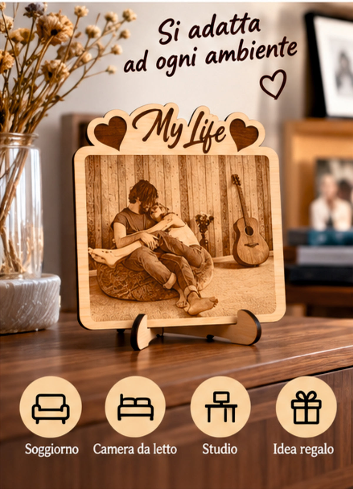 Foto Incisa su Legno Personalizzata – Quadretto con Incisione Laser e Scritta My Life, Regalo Romantico per Coppia