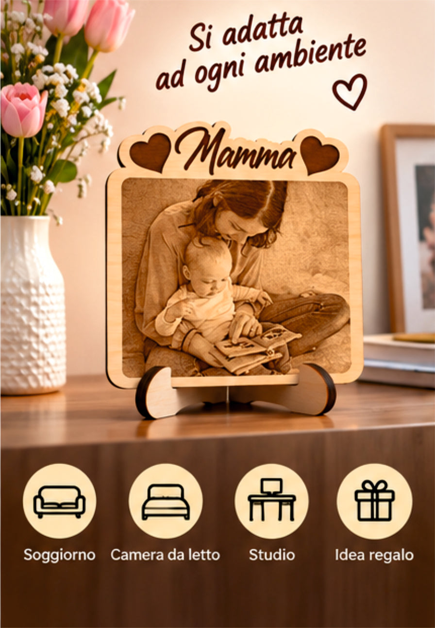 Foto Incisa su Legno Personalizzata – Quadretto con Incisione Laser e Scritta Mamma, Regalo Romantico per Coppia
