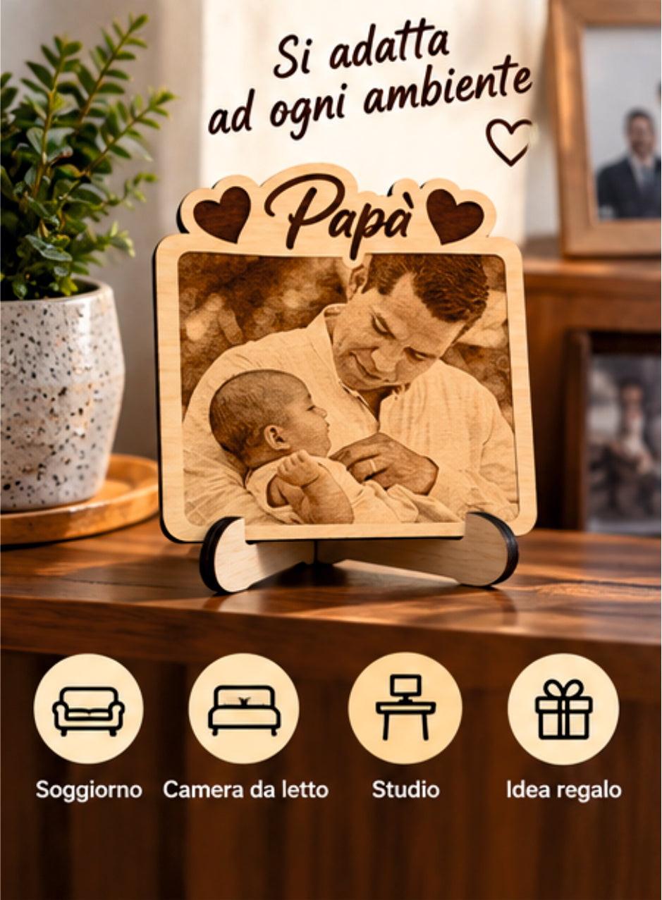 Foto Incisa su Legno Personalizzata – Quadretto con Incisione Laser e Scritta Papà, Regalo Romantico per Coppia