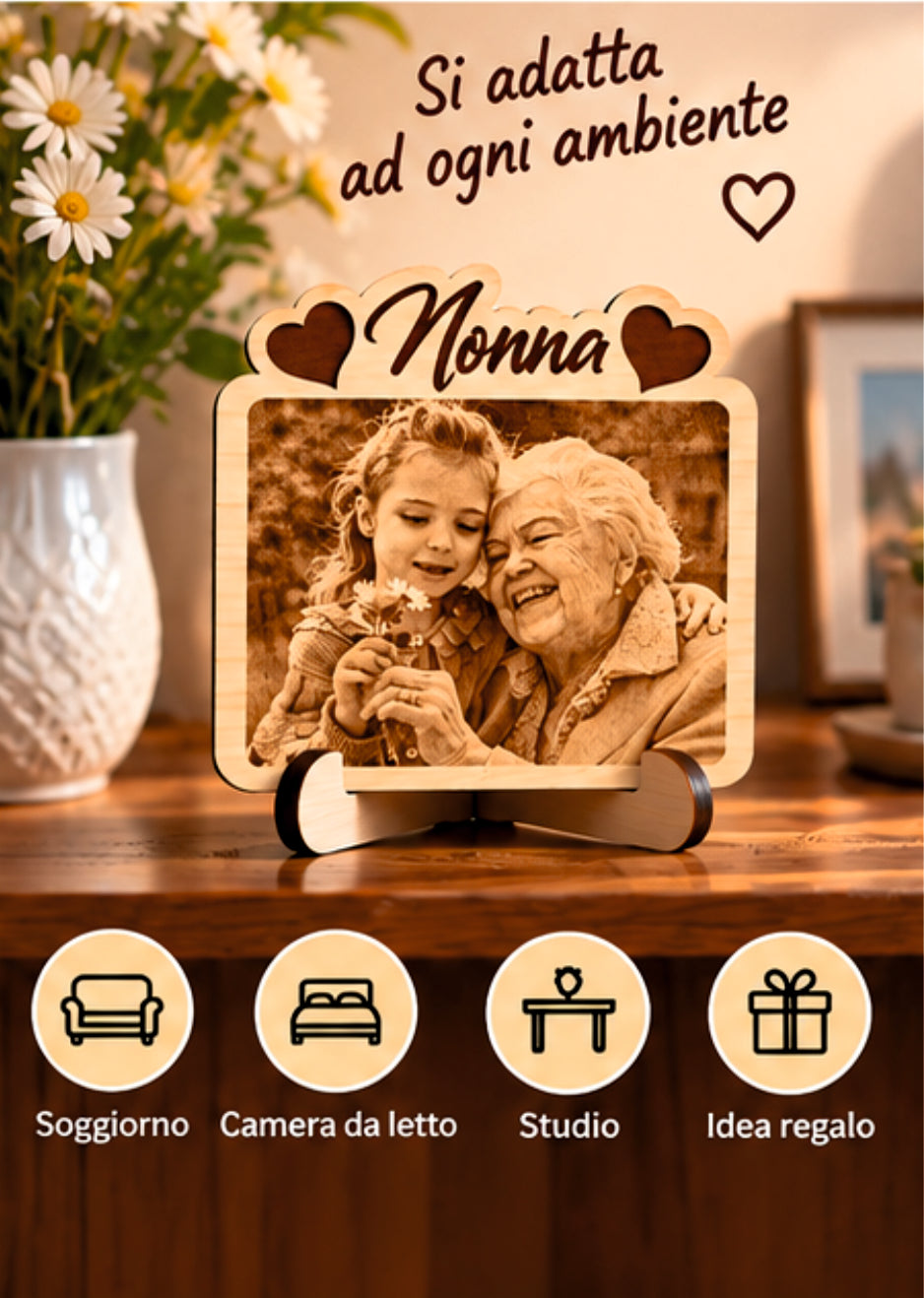 Foto Incisa su Legno Personalizzata – Quadretto con Incisione Laser e Scritta Nonna, Regalo Romantico per Coppia