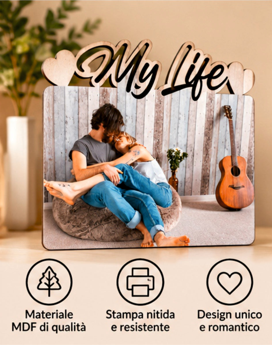 Foto su Legno Personalizzata con Scritta My life e Cuori – Stampa Fotografica a Colori su Legno, Regalo Famiglia