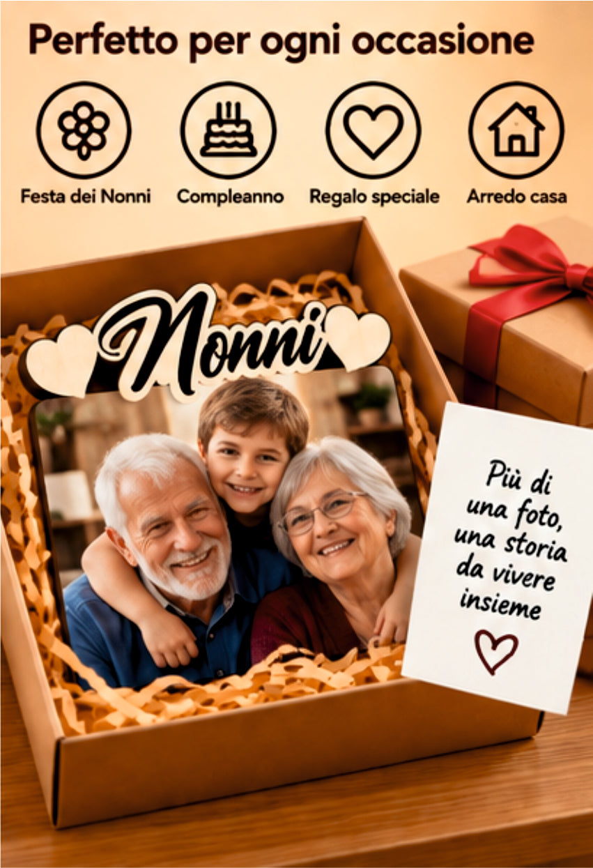 Foto su Legno Personalizzata con Scritta Nonni e Cuori – Stampa Fotografica a Colori su Legno, Regalo Famiglia