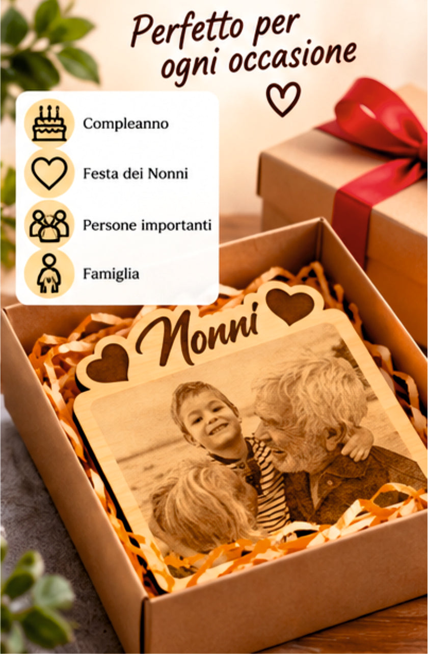 Foto Incisa su Legno Personalizzata – Quadretto con Incisione Laser e Scritta Nonni, Regalo Romantico per Coppia