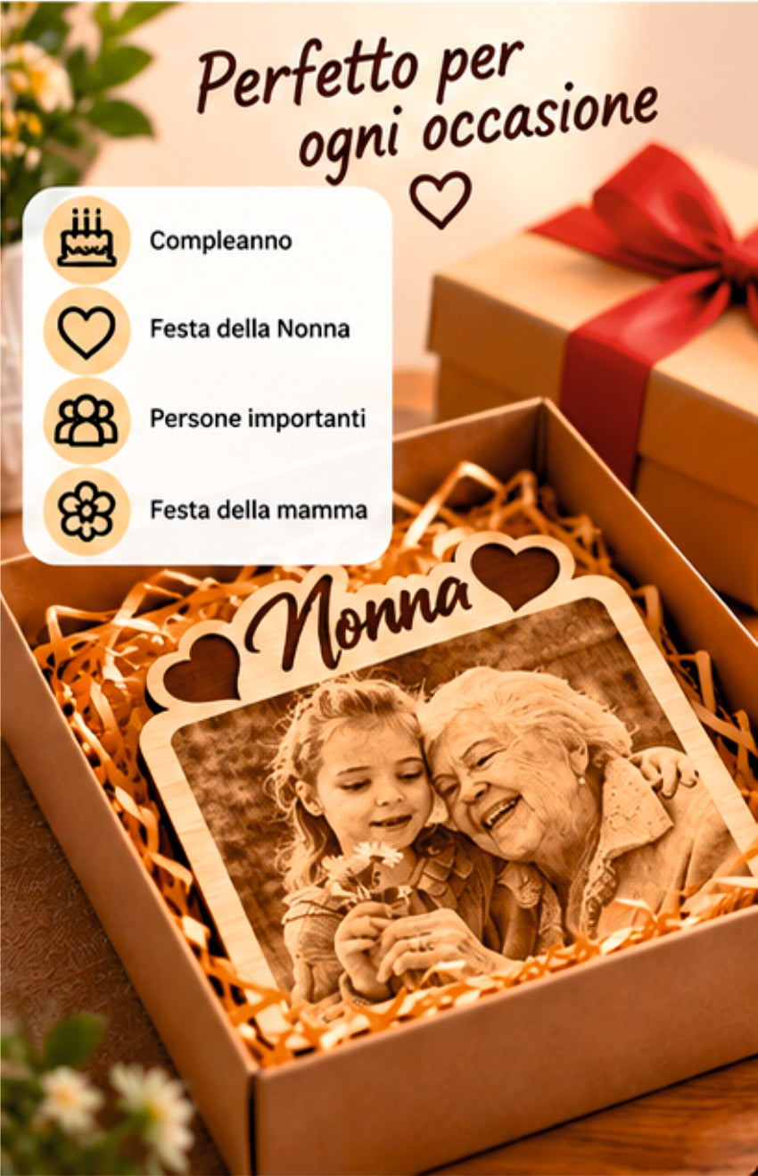Foto Incisa su Legno Personalizzata – Quadretto con Incisione Laser e Scritta Nonna, Regalo Romantico per Coppia