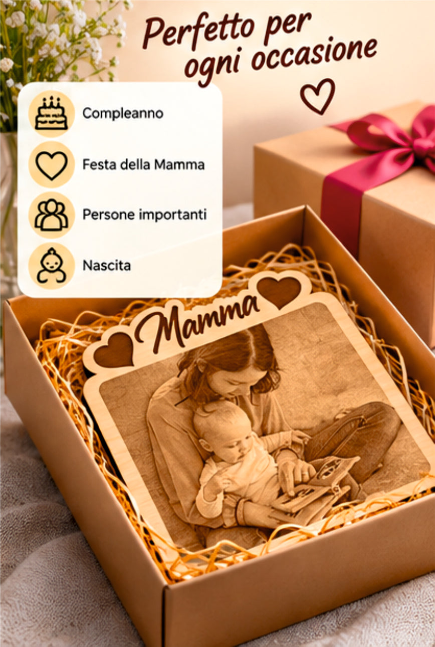 Foto Incisa su Legno Personalizzata – Quadretto con Incisione Laser e Scritta Mamma, Regalo Romantico per Coppia