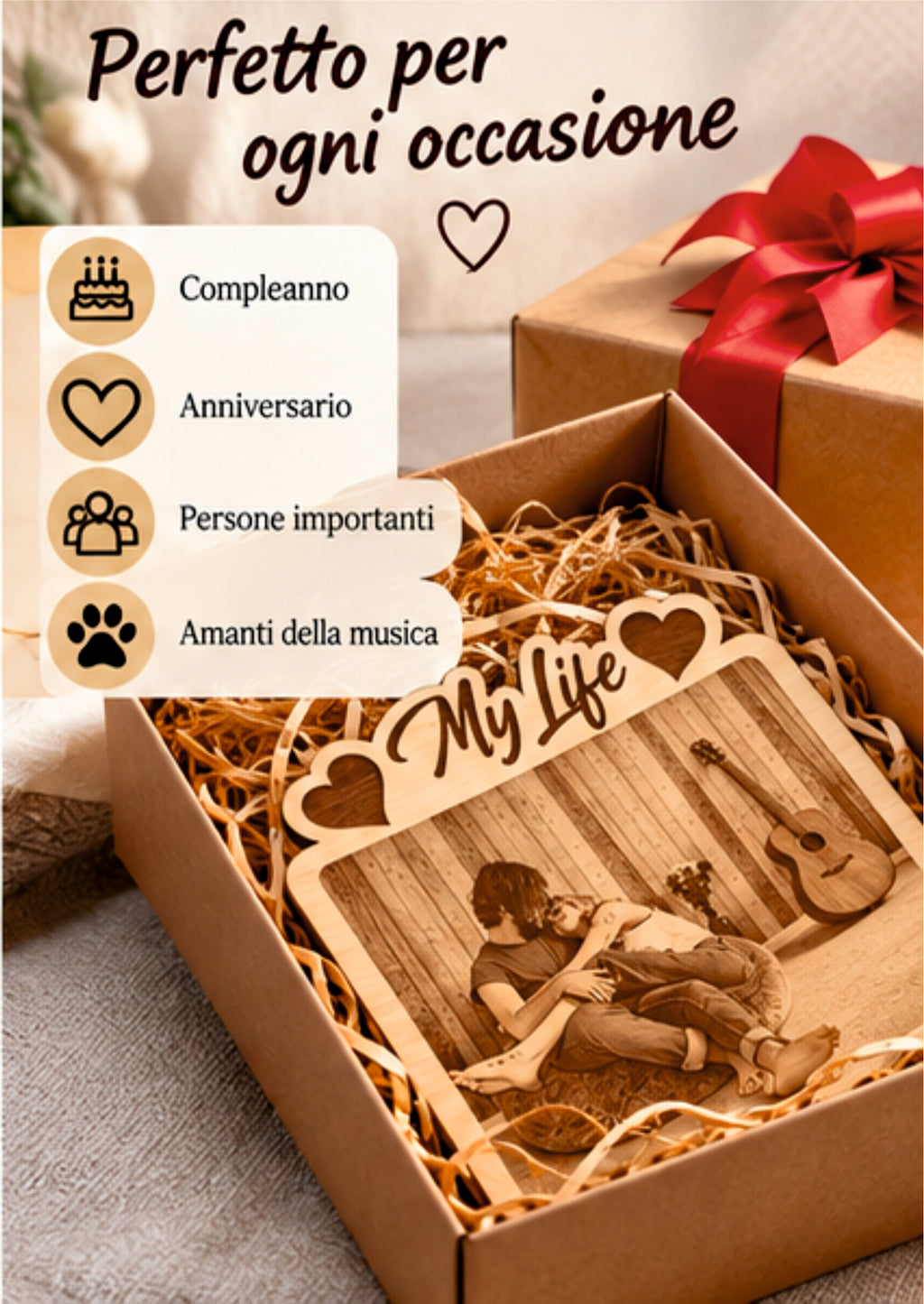 Foto Incisa su Legno Personalizzata – Quadretto con Incisione Laser e Scritta My Life, Regalo Romantico per Coppia