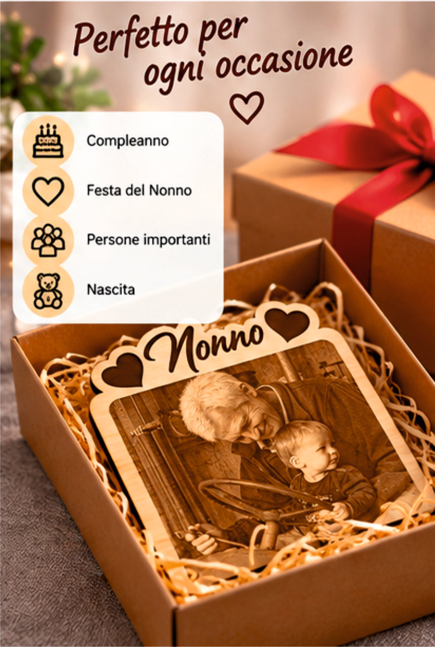 Foto Incisa su Legno Personalizzata – Quadretto con Incisione Laser e Scritta Nonno, Regalo Romantico per Coppia