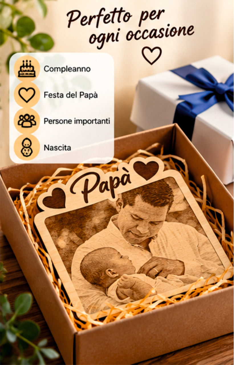 Foto Incisa su Legno Personalizzata – Quadretto con Incisione Laser e Scritta Papà, Regalo Romantico per Coppia