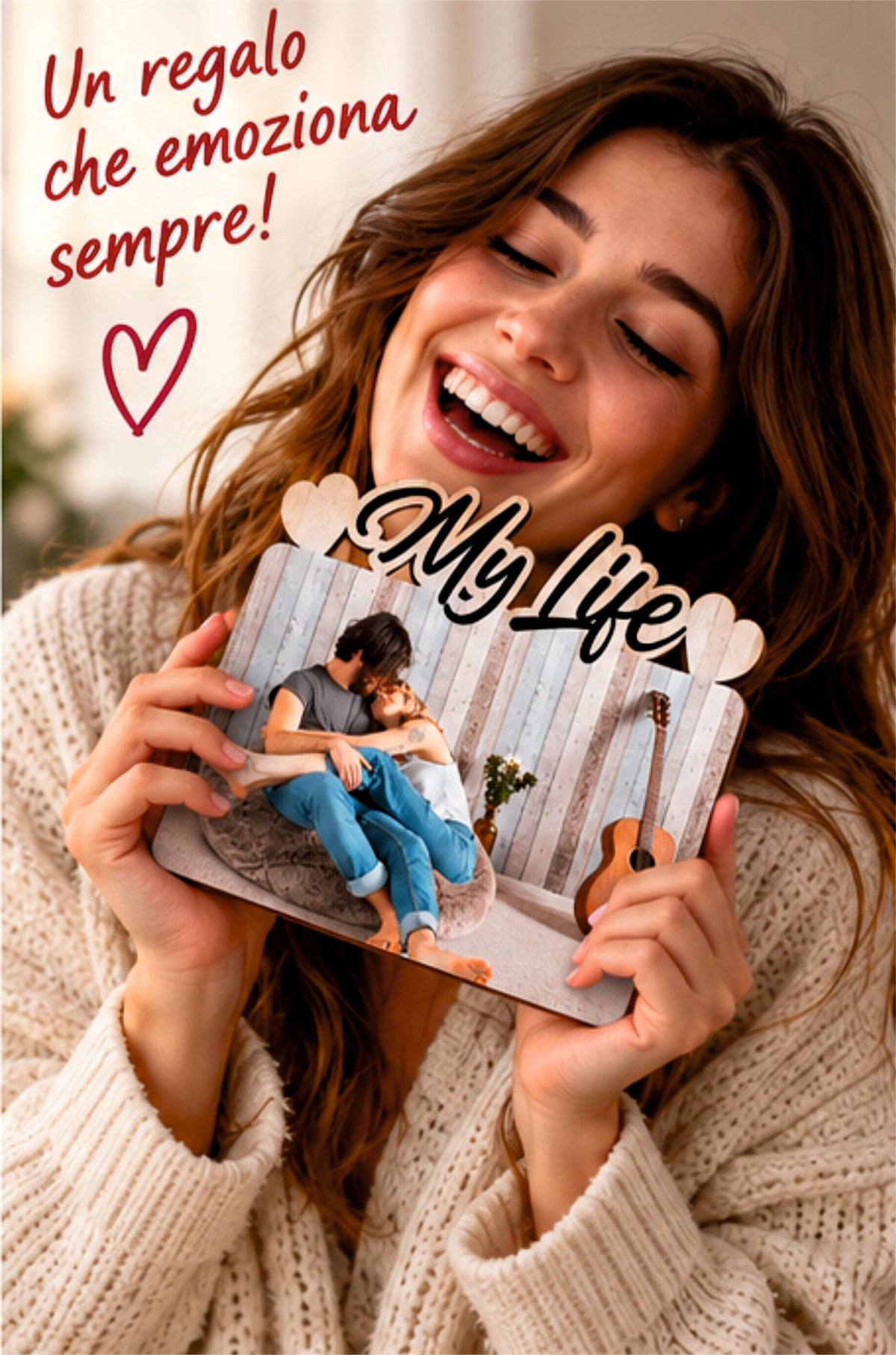 Foto su Legno Personalizzata con Scritta My life e Cuori – Stampa Fotografica a Colori su Legno, Regalo Famiglia