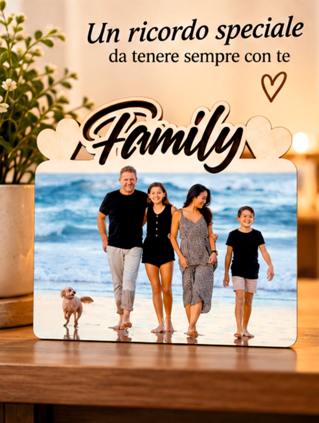 Foto su Legno Personalizzata con Scritta Family e Cuori – Stampa Fotografica a Colori su Legno, Regalo Famiglia