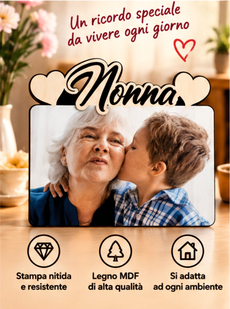 Foto su Legno Personalizzata con Scritta Nonna e Cuori – Stampa Fotografica a Colori su Legno, Regalo Famiglia