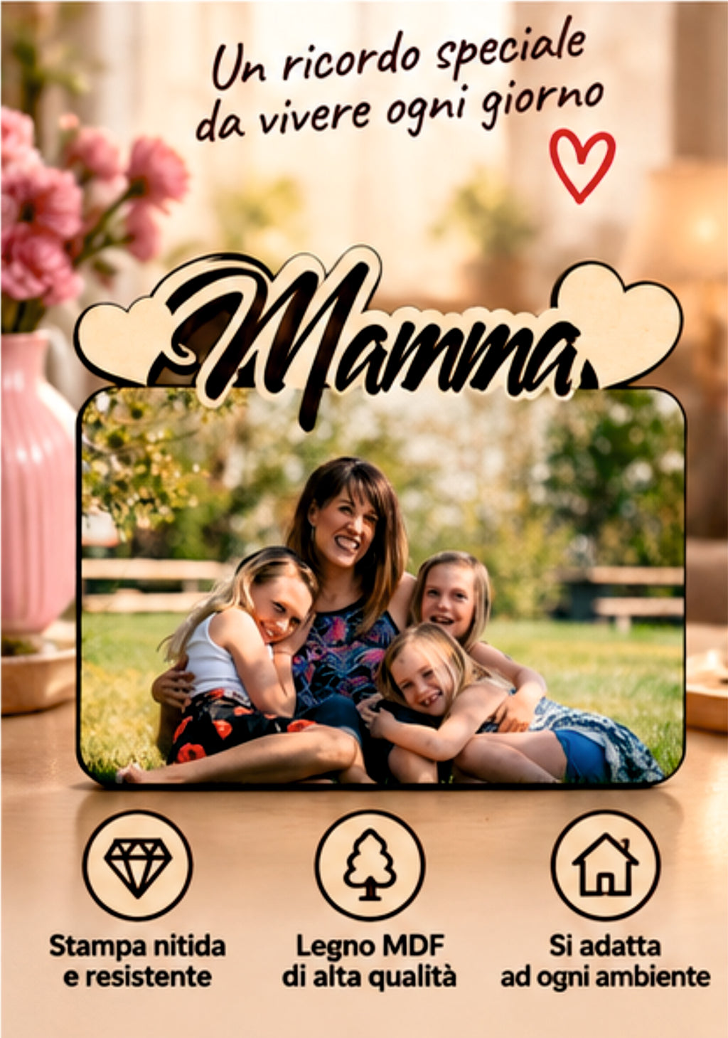Foto su Legno Personalizzata con Scritta Mamma e Cuori – Stampa Fotografica a Colori su Legno, Regalo Famiglia