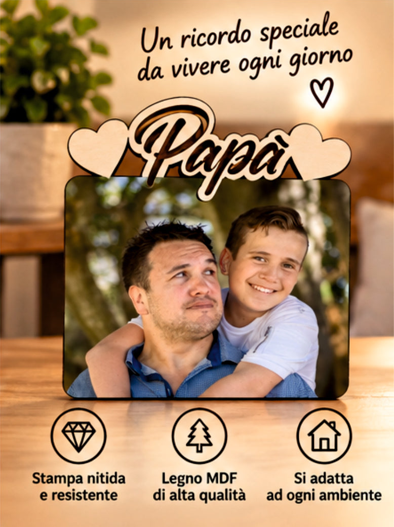 Foto su Legno Personalizzata con Scritta Papà e Cuori – Stampa Fotografica a Colori su Legno, Regalo Famiglia