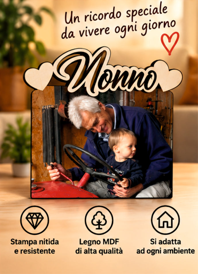Foto su Legno Personalizzata con Scritta Nonno e Cuori – Stampa Fotografica a Colori su Legno, Regalo Famiglia