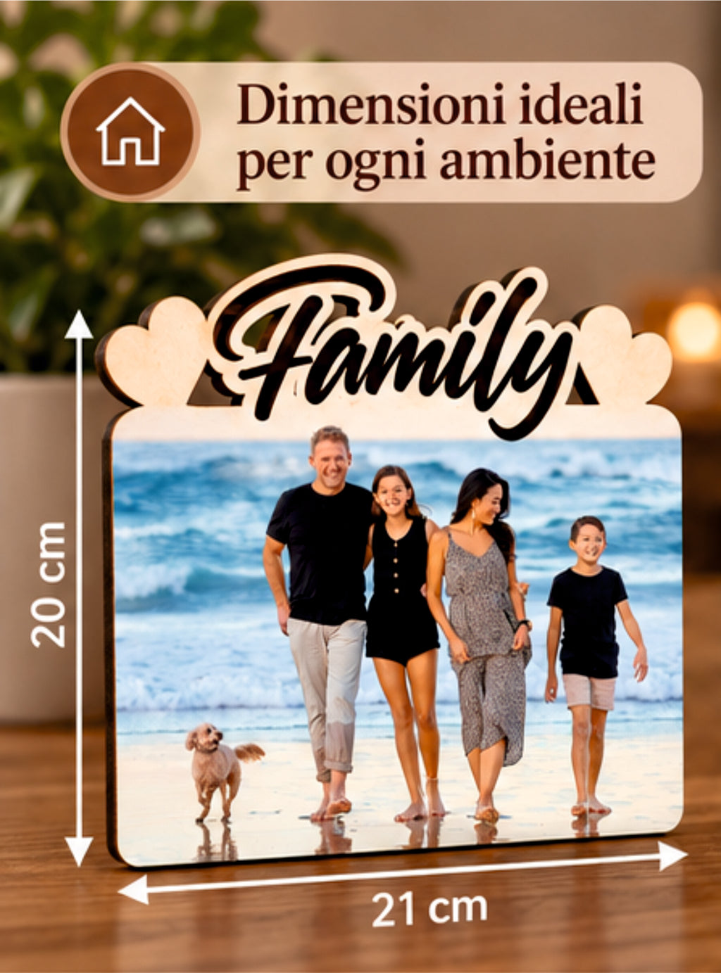 Foto su Legno Personalizzata con Scritta Family e Cuori – Stampa Fotografica a Colori su Legno, Regalo Famiglia