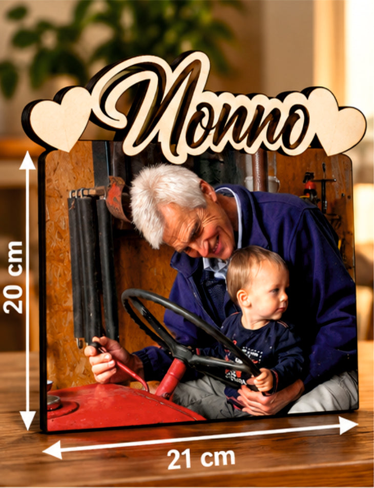 Foto su Legno Personalizzata con Scritta Nonno e Cuori – Stampa Fotografica a Colori su Legno, Regalo Famiglia