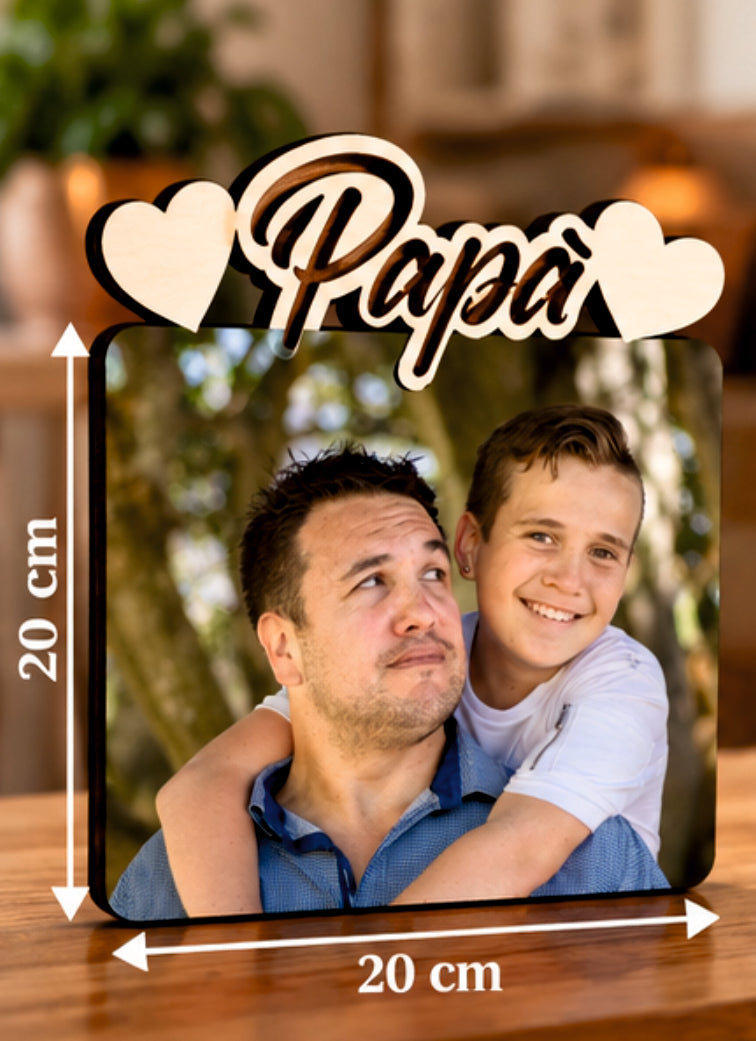 Foto su Legno Personalizzata con Scritta Papà e Cuori – Stampa Fotografica a Colori su Legno, Regalo Famiglia
