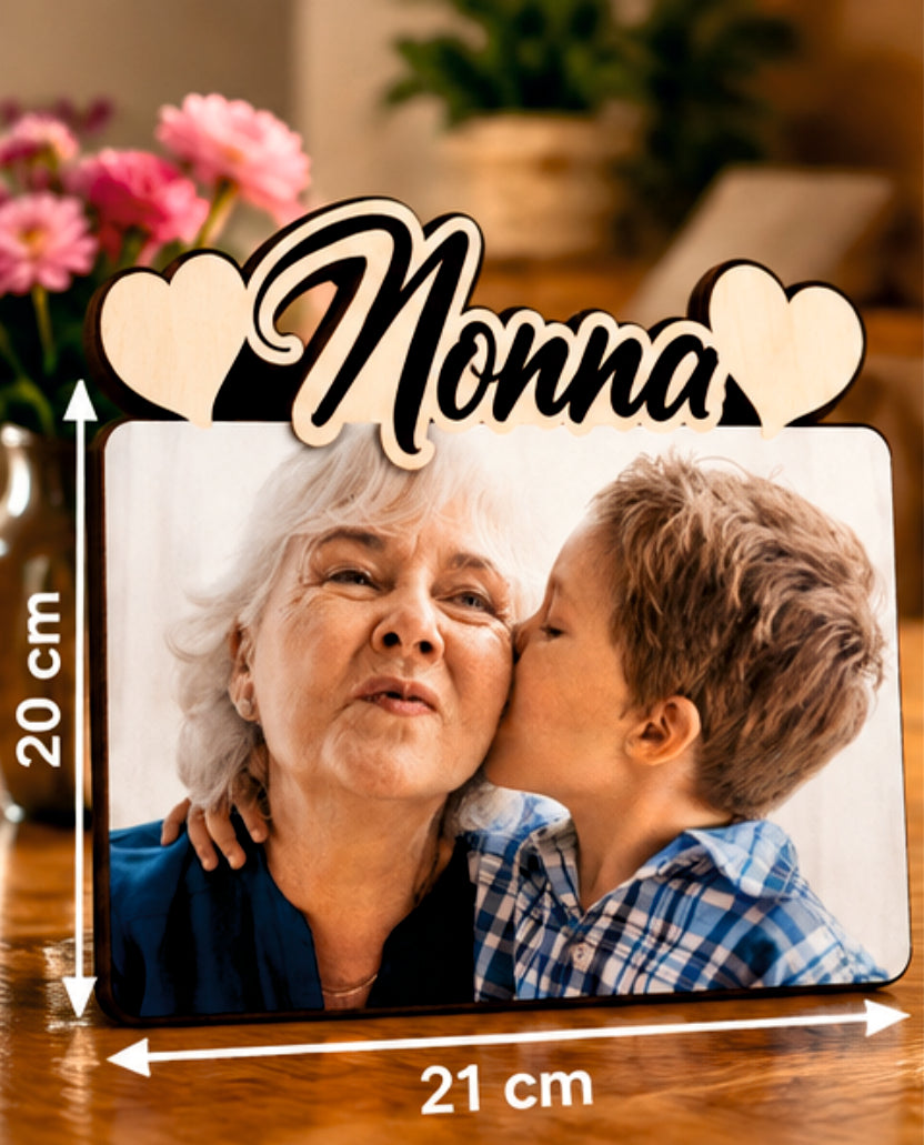 Foto su Legno Personalizzata con Scritta Nonna e Cuori – Stampa Fotografica a Colori su Legno, Regalo Famiglia