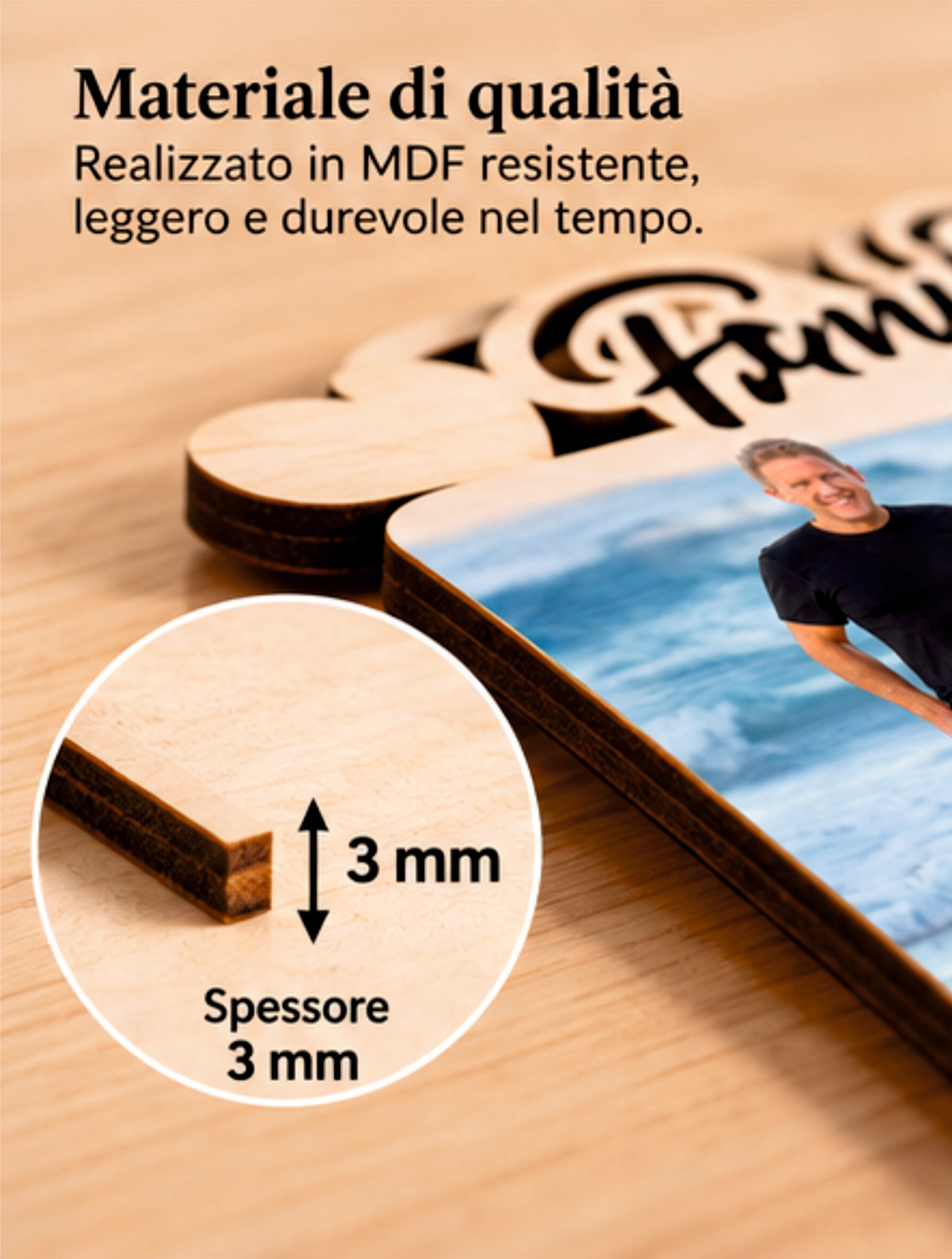 Foto su Legno Personalizzata con Scritta Family e Cuori – Stampa Fotografica a Colori su Legno, Regalo Famiglia