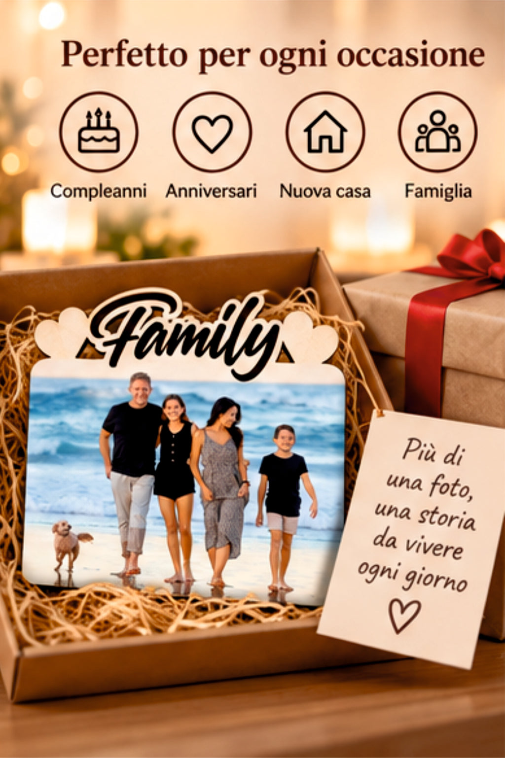 Foto su Legno Personalizzata con Scritta Family e Cuori – Stampa Fotografica a Colori su Legno, Regalo Famiglia