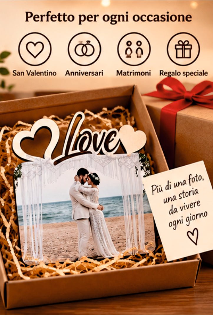 Foto su Legno Personalizzata con Scritta Love e Cuori – Stampa Fotografica a Colori su Legno, Regalo Famiglia