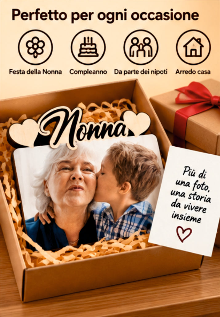 Foto su Legno Personalizzata con Scritta Nonna e Cuori – Stampa Fotografica a Colori su Legno, Regalo Famiglia