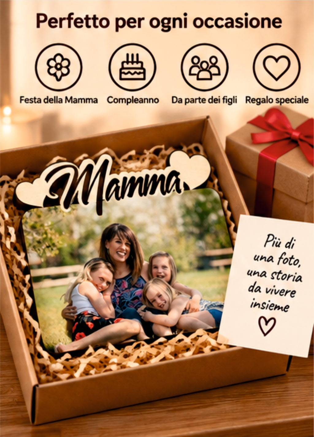 Foto su Legno Personalizzata con Scritta Mamma e Cuori – Stampa Fotografica a Colori su Legno, Regalo Famiglia