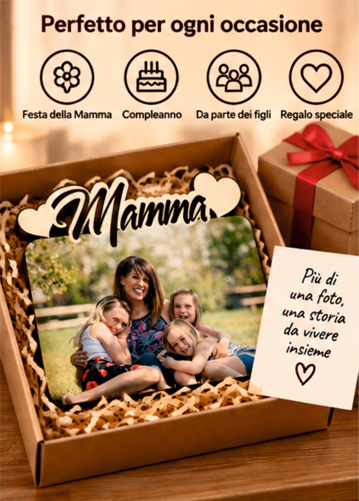 Foto su Legno Personalizzata con Scritta Mamma e Cuori – Stampa Fotografica a Colori su Legno, Regalo Famiglia