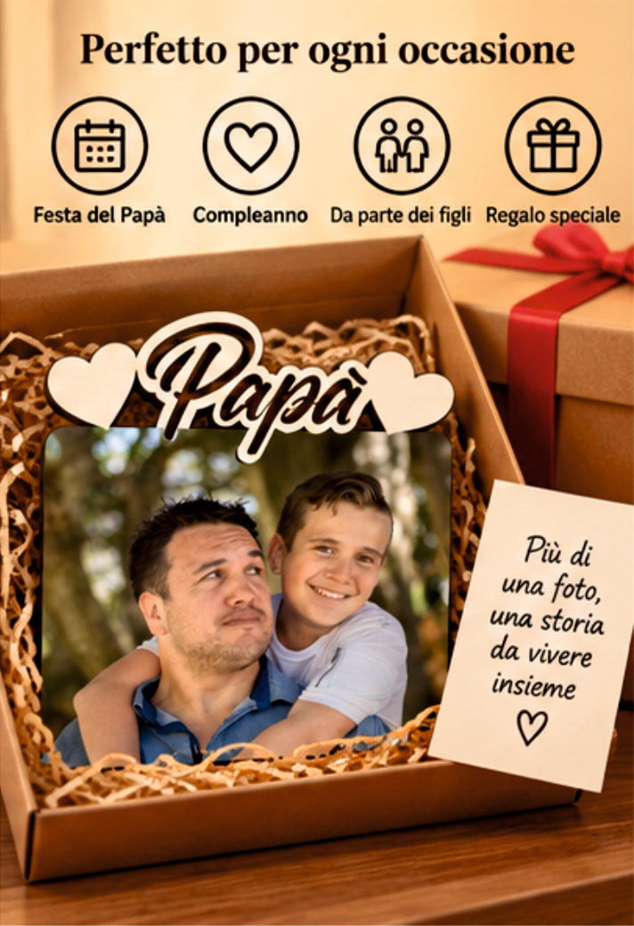 Foto su Legno Personalizzata con Scritta Papà e Cuori – Stampa Fotografica a Colori su Legno, Regalo Famiglia