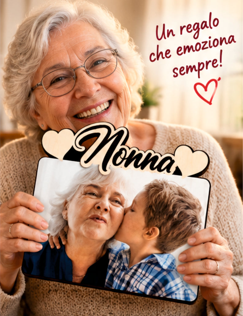 Foto su Legno Personalizzata con Scritta Nonna e Cuori – Stampa Fotografica a Colori su Legno, Regalo Famiglia