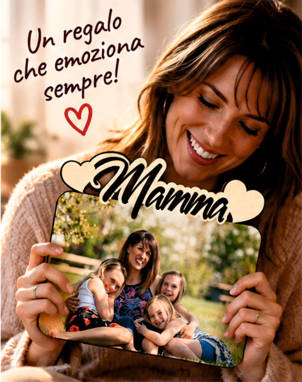 Foto su Legno Personalizzata con Scritta Mamma e Cuori – Stampa Fotografica a Colori su Legno, Regalo Famiglia