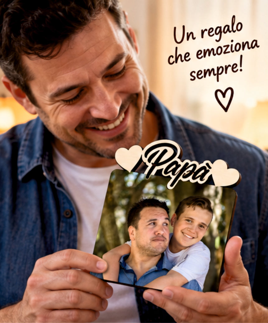 Foto su Legno Personalizzata con Scritta Papà e Cuori – Stampa Fotografica a Colori su Legno, Regalo Famiglia